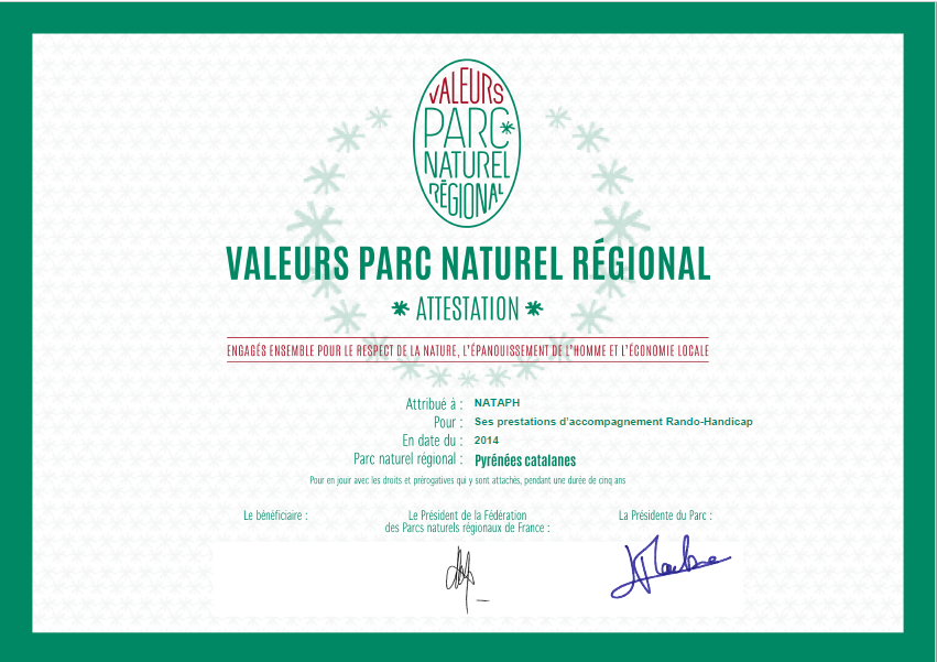 NATAPH Handicap et Randonnée, Reconnaissance de la qualité des prestations par la marque "Valeur Parc" du Parc Naturel Régional des Pyrénées Catalanes